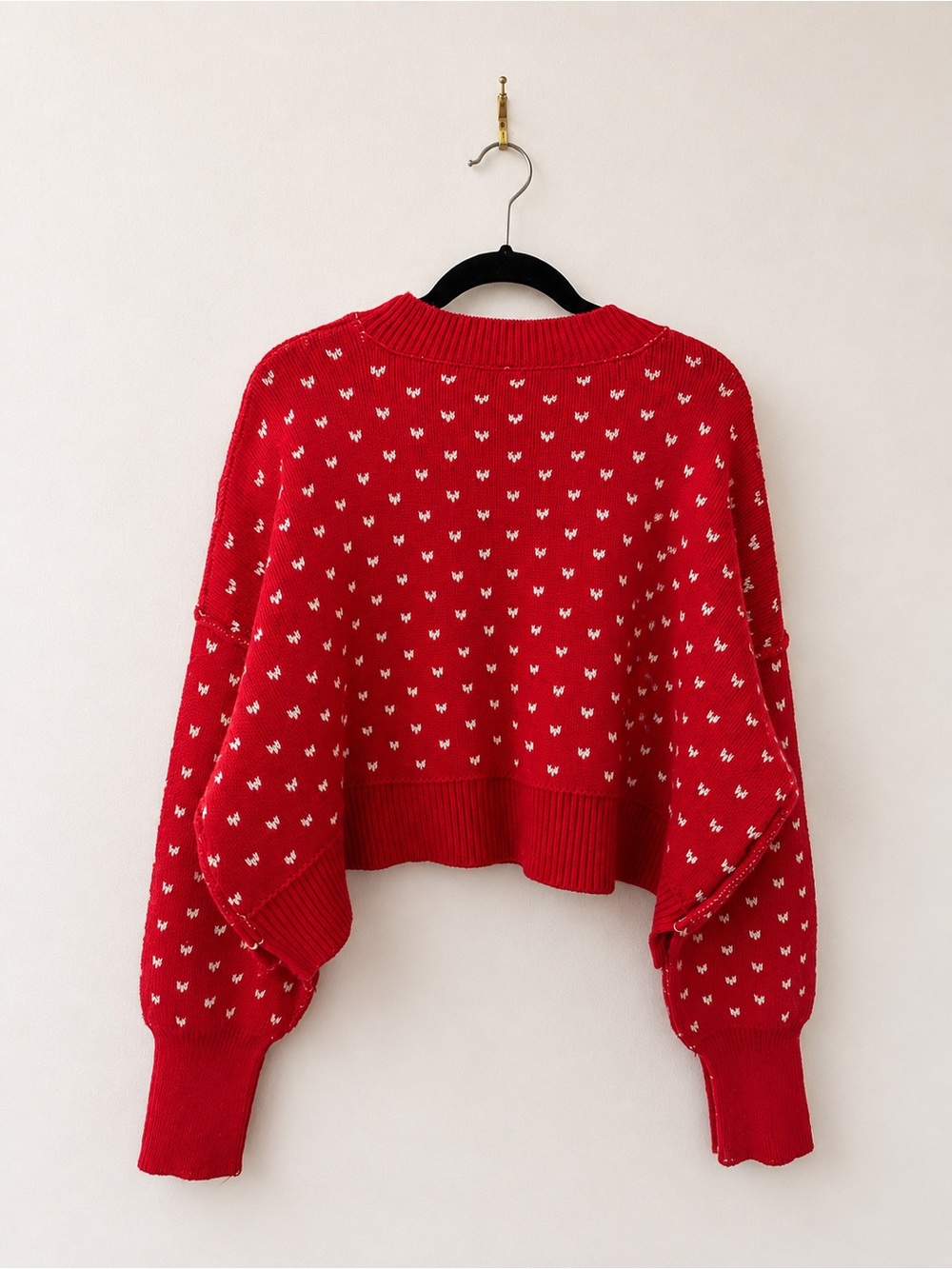 Free People Red & White Oversized Cropped Knit Sweater M - Picture 3 of 6